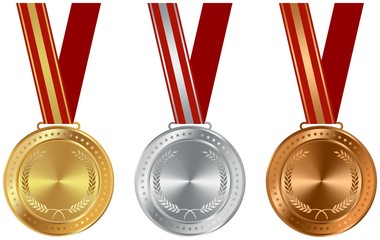 Medallie Vektor Set in Gold; Silber und Bronze mit roten Halsband auf einem weißem isolierten Hintergrund. - obrazy, fototapety, plakaty