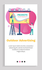 Outdoor advertising promote your product, man and woman near billboard, urban ad or promotion, slide of people and panel on liquid shape vector. Website or app slider template, landing page flat style