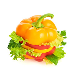 Stack of fresh red yellow peppers salad slices. Colorful healthy vitamin food concept. Creative fun pepper. Various organic health raw mixed pepper, vegetable for salad isolated on white