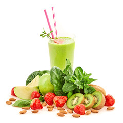 Healthy fresh fruit berry smoothie in glass. Raw assorted ingredients isolated on white. Tasty strawberry, green spinach, kiwi fruits background, creative vegan smoothie concept.