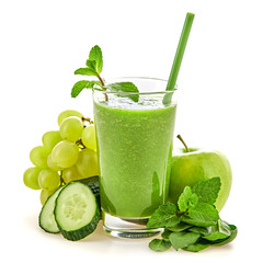 Freshly blended green fruit smoothie in glass, healthy detox vitamin diet or vegan food concept. Raw fresh vitamins, breakfast smoothie drink with spinach, apple, cucumber isolated on white.