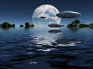 Blue planet on the horizon. UFOs in the sky © rolffimages