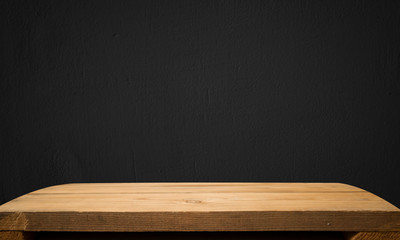 wooden tabletop, background with black wall, perspective interior, to display your product or installation.