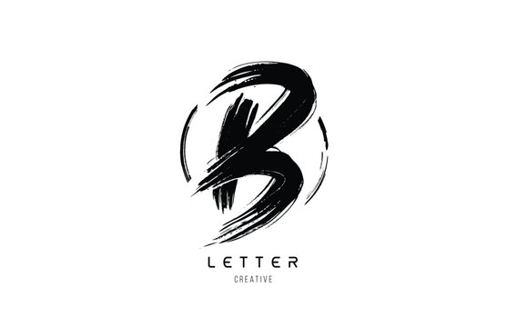 handwritten grunge B brush stroke letter alphabet logo icon design template in black and white for business
