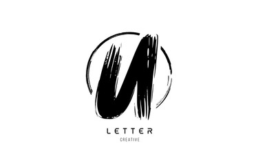 handwritten grunge U brush stroke letter alphabet logo icon design template in black and white for business © dragomirescu