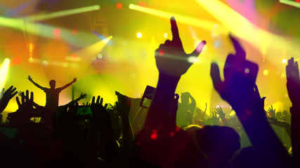 Concert Music festival and Celebrate. Party People Rock Concert. Crowd Happy and Joyful and Applauding or Clapping. Celebration party festival happiness. Blurry night club. Concert Show with DJ Music 