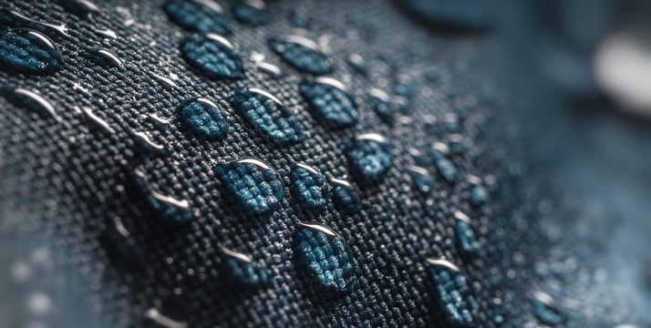 Close-up view on water drops on waterproof impregnated fabric.