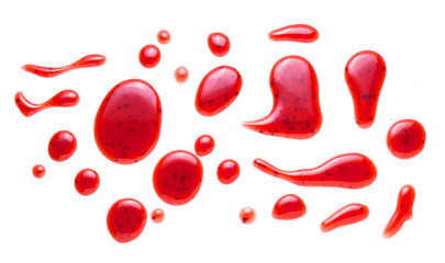 red raspberries jam splash isolated on white background - obrazy, fototapety, plakaty