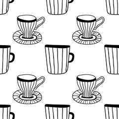 Black and white illustration of tea or coffee mugs. Seamless pattern for coloring book, page.