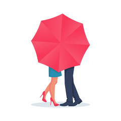 Amorous couple guy and girl kiss behind an umbrella. Love couple kiss, boy and girl. A romantic date for Valentine's Day. Vector illustration flat design. Isolated on white background.