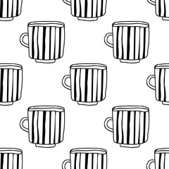 Black and white illustration of tea cups or coffee mugs. Seamless pattern for coloring book, page.