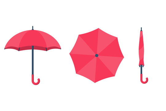 Set of umbrellas. Top view, front and folded umbrella. Rain protection on white background isolated. Flat design style. For web design, mobile applications, and printing.Vector illustration.