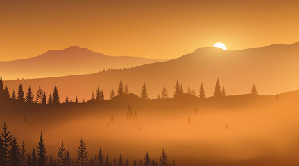 First golden rays of rising sun in a foggy mountain valley. Wild nature. Vector illustration, EPS 10.