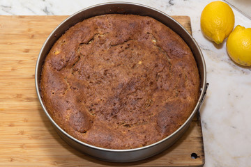 Cake in a baking dish on a table