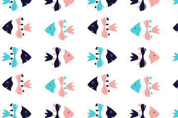 Vector seamless pattern with cute fishes. Children vector illust