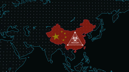 Coronavirus epidemic in China concept, digital world map with Chinese flag, biohazard sign and virus alert text
