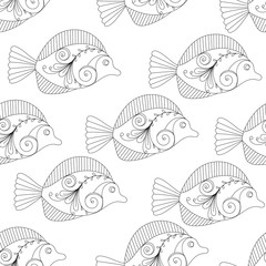 seamless pattern Fish, ornamental graphic fish, floral line pattern. Vector. Zentangle doodle. Coloring book page for adult. Hand drawn artwork. concept for restaurant menu card. Black and white
