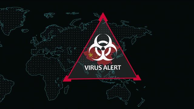 Coronavirus epidemic in China concept, digital world map with Chinese flag, biohazard sign and virus alert text 