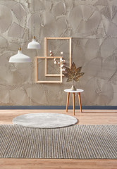 Decorative grey wall background, home design, house object with lamp, chair and table style.