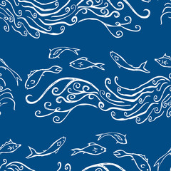 Seamless pattern of decorative drawn sea waves and fishes sketches
