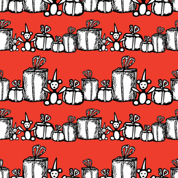 Seamless pattern of drawn gift bpxes and teddy bears
