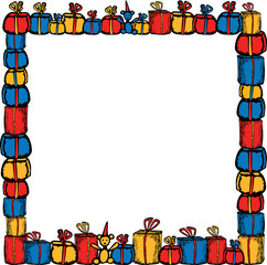 Fototapeta premium Vector decorative festive frame from colorful drawn gift boxes