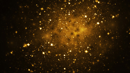 Shiny golden particles. Abstract holiday background. Fantastic light effect. Digital fractal art. 3d rendering.