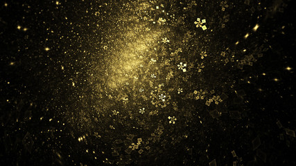 Colorful shiny golden particles. Abstract holiday background. Fantastic light effect. Digital fractal art. 3d rendering.