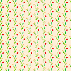 Seamless pattern. Repeating small  pink and yellow flowers. Beige background.