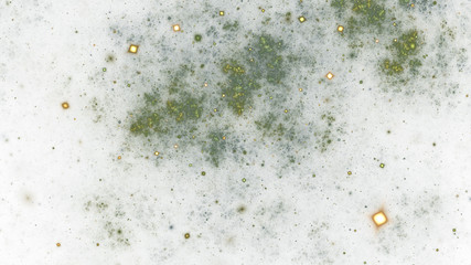 Colorful shiny green and golden particles. Abstract holiday background. Fantastic light effect. Digital fractal art. 3d rendering.