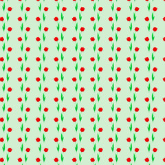 Seamless pattern. Repeating small  tulips. Green background.