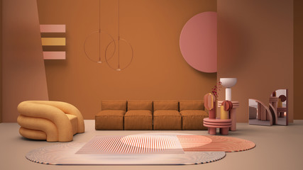 Orange colored modern living room, pastel colors, sofa, armchair, carpet, coffee tables, frosted glass panels, copper pendant lamps. Interior design atmosphere, architecture idea