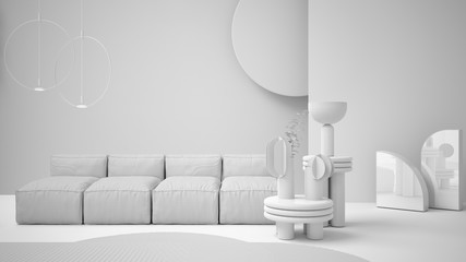 Total white project draft, contemporary living room, sofa, vases, carpet, coffee tables, decors, frosted glass panels, pendant lamps. Interior design atmosphere, architecture idea