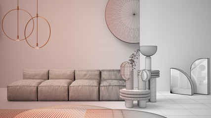 Architect interior designer concept: unfinished project that becomes real, contemporary living room, sofa, vases, carpet, glass panels, lamps. Design atmosphere, architecture idea