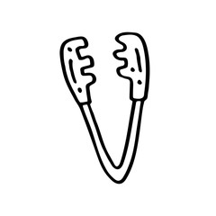 Kitchen tongs dish cute kitchen equipment vector doodle hand drawn illustration, sticker, icon. Monochrome black design. Isolated on white background. Kitchen staff design element. Line art.