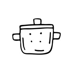 Pan, pot dish cute kitchen equipment vector doodle hand drawn illustration, sticker, icon. Monochrome black design. Isolated on white background. Kitchen staff design element. Line art. Minimalist. 