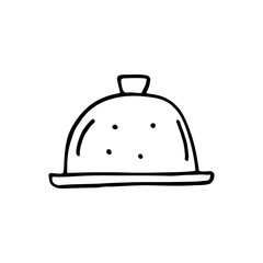 Salver dish cute kitchen equipment vector doodle hand drawn illustration, sticker, icon. Monochrome black design. Isolated on white background. Kitchen staff design element. Line art. 