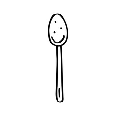 Spoon, dish cute kitchen equipment vector doodle hand drawn illustration, sticker, icon. Monochrome black design. Isolated on white background. Kitchen staff design element. Line art. Minimalist. 