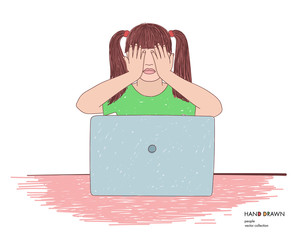 Hand drawn illustration of little girl sitting in front of laptop with his hand hiding her face. Only for adults. Parental protection concept. Internet safety for kids. Censored content