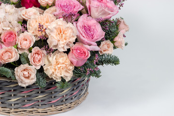 Fresh composition of bright flowers close-up work of florist decorative background