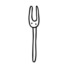 Fork, dish cute kitchen equipment vector doodle hand drawn illustration, sticker, icon. Monochrome black design. Isolated on white background. Kitchen staff design element. Line art. Minimalist. 