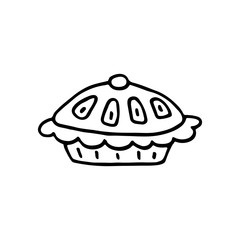 Pie cute kitchen equipment vector doodle hand drawn illustration, sticker, icon. Monochrome black design. Isolated on white background. Kitchen staff design element. Line art.  Minimalist.