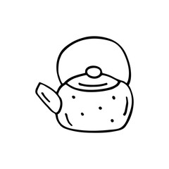 Kettle dish cute kitchen equipment vector doodle hand drawn illustration, sticker, icon. Monochrome black design. Isolated on white background. Kitchen staff design element. Line art. Minimalist. 