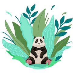 Panda sits among the plants. Cute children illustration. Vector drawing