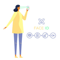 Identity verification. Face detect and recognition. Scanning process. Young woman holds a smartphone in her hand. Modern, cartoon female character. Vector illustration, flat design, white isolated