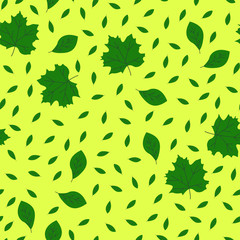 Seamless pattern. Repeating small  green leaves. Yellow background.