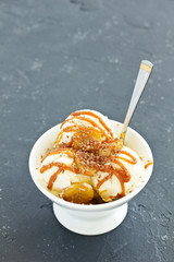 vanilla ice cream with bananas and caramel in a bowl.