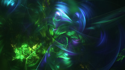 Abstract blue and green glowing shapes. Fantasy light background. Digital fractal art. 3d rendering.