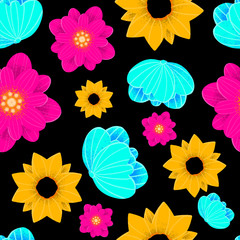 Pattern of flower buds of different colors on a black background. Botanical seamless pattern.