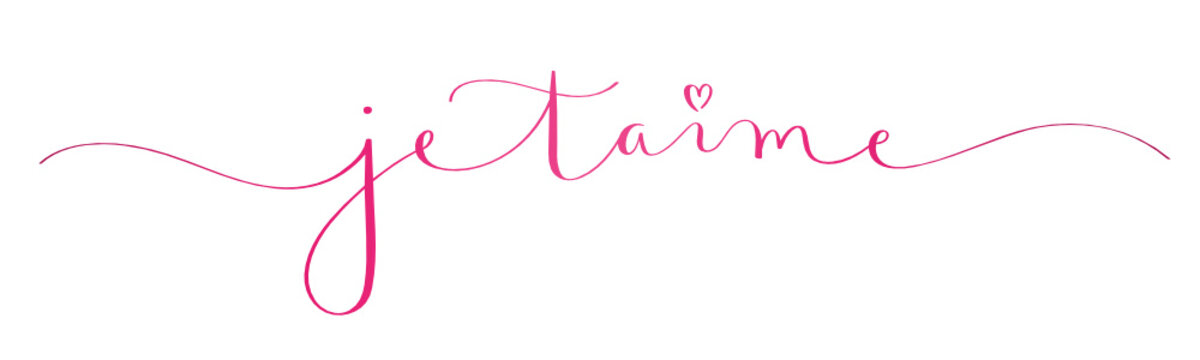 JE T'AIME pink vector brush calligraphy banner with swashes and heart